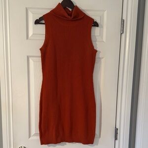 Michael Kors Ribbed Sleeveless Turtleneck Dress - Rust Orange